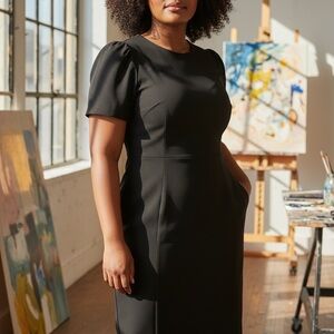 Calvin Klein Black Puff-Sleeve Midi Dress